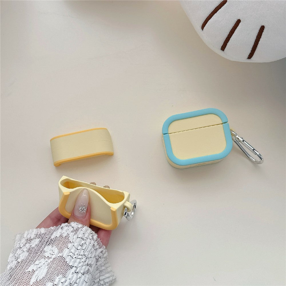 Silicone Case Compatible With AirPods 5 / 4 Charging Case Macaron Color Blocking Protective Cover with Metal Carabiner - Beige+Sky Blue