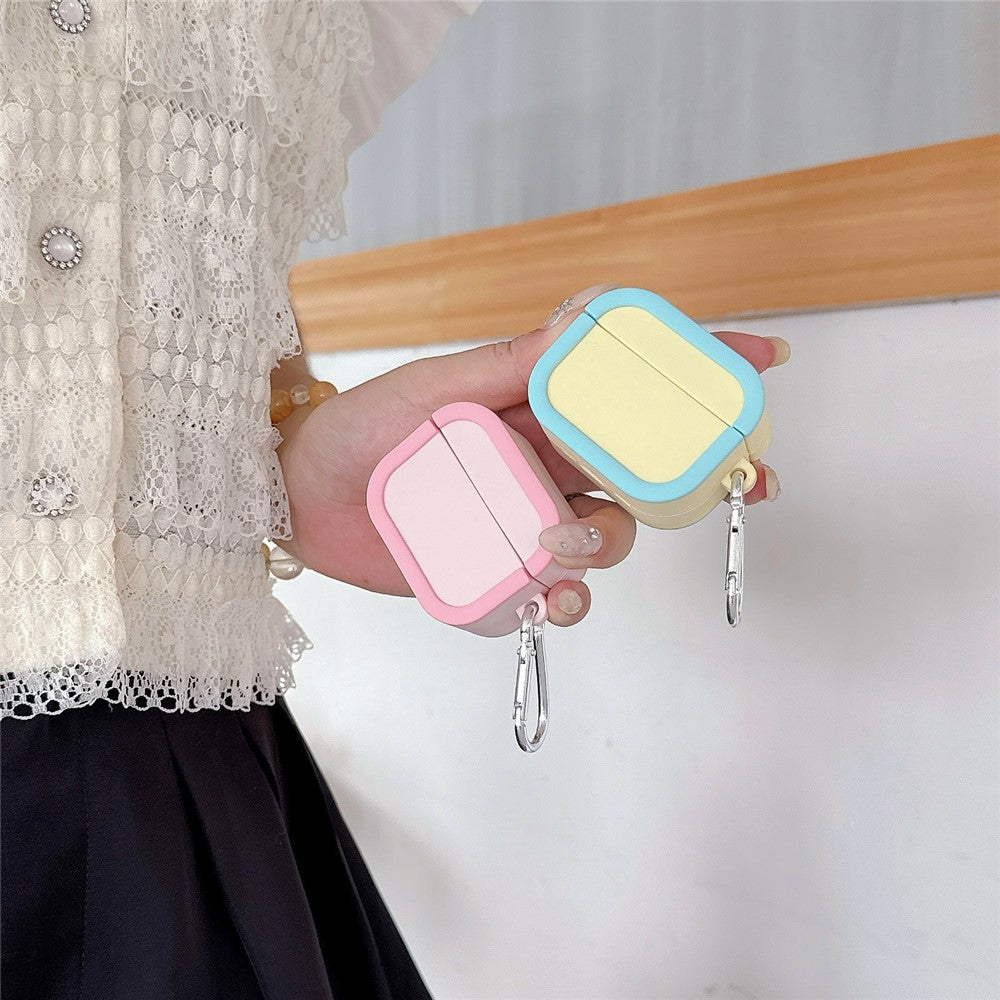 Silicone Case Compatible With AirPods 5 / 4 Charging Case Macaron Color Blocking Protective Cover with Metal Carabiner - Purple+Yellow