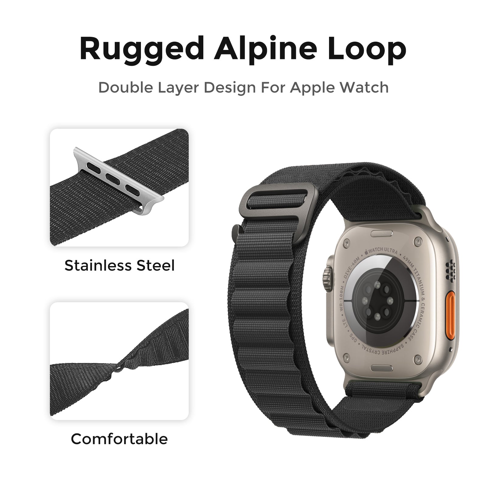 AHASTYLE WG97 For Apple Watch Ultra 2 Ultra 49mm / Series 9 8 7 45mm / 6 5 4 SE (2022) SE (2023) SE 44mm / 3 2 1 42mm Woven Nylon Band - Black