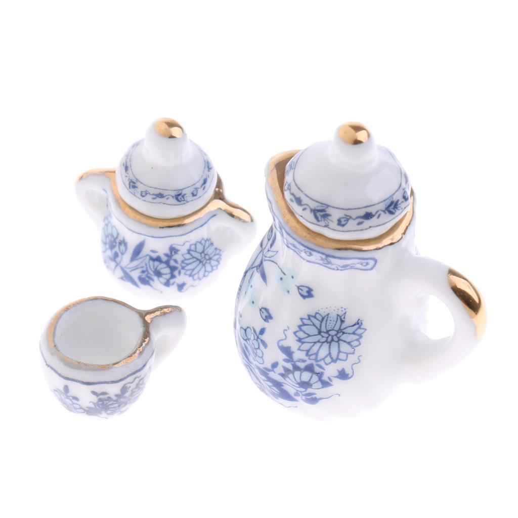 1/12 Dollhouse Miniature Tableware Tea Coffee Wine Cup Set 15 Pieces Kit Blue Flower Patterns