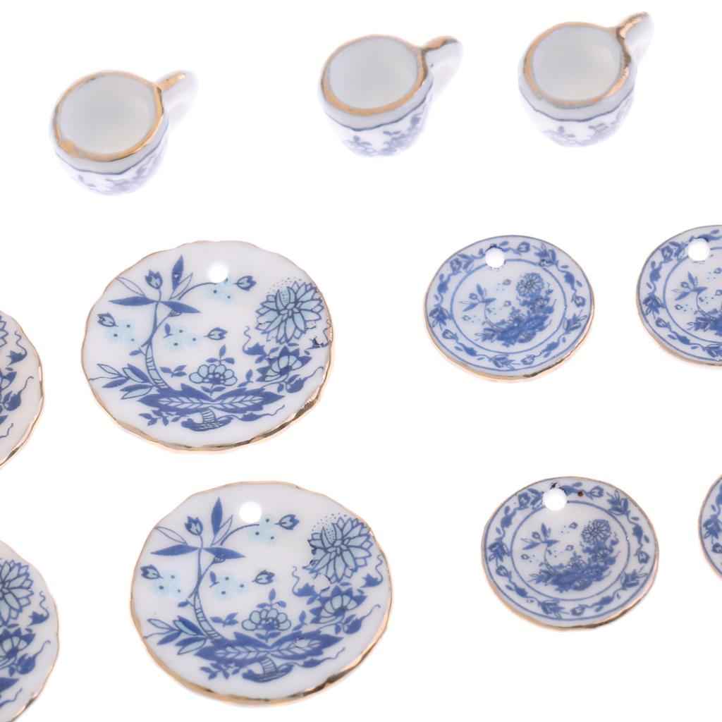 1/12 Dollhouse Miniature Tableware Tea Coffee Wine Cup Set 15 Pieces Kit Blue Flower Patterns