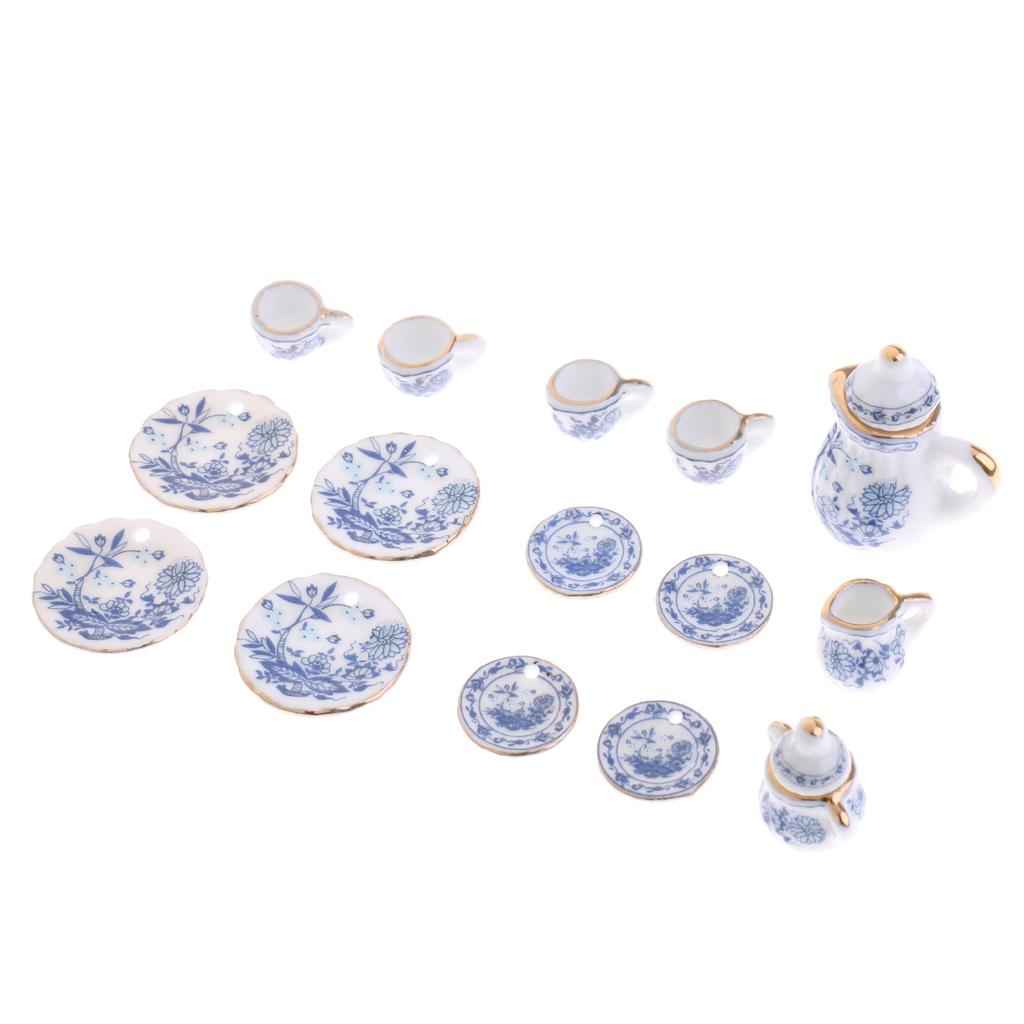 1/12 Dollhouse Miniature Tableware Tea Coffee Wine Cup Set 15 Pieces Kit Blue Flower Patterns