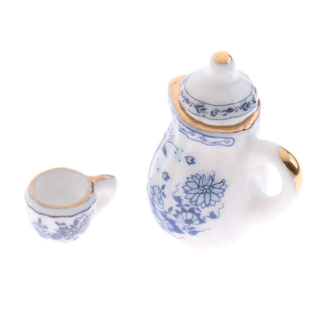1/12 Dollhouse Miniature Tableware Tea Coffee Wine Cup Set 15 Pieces Kit Blue Flower Patterns