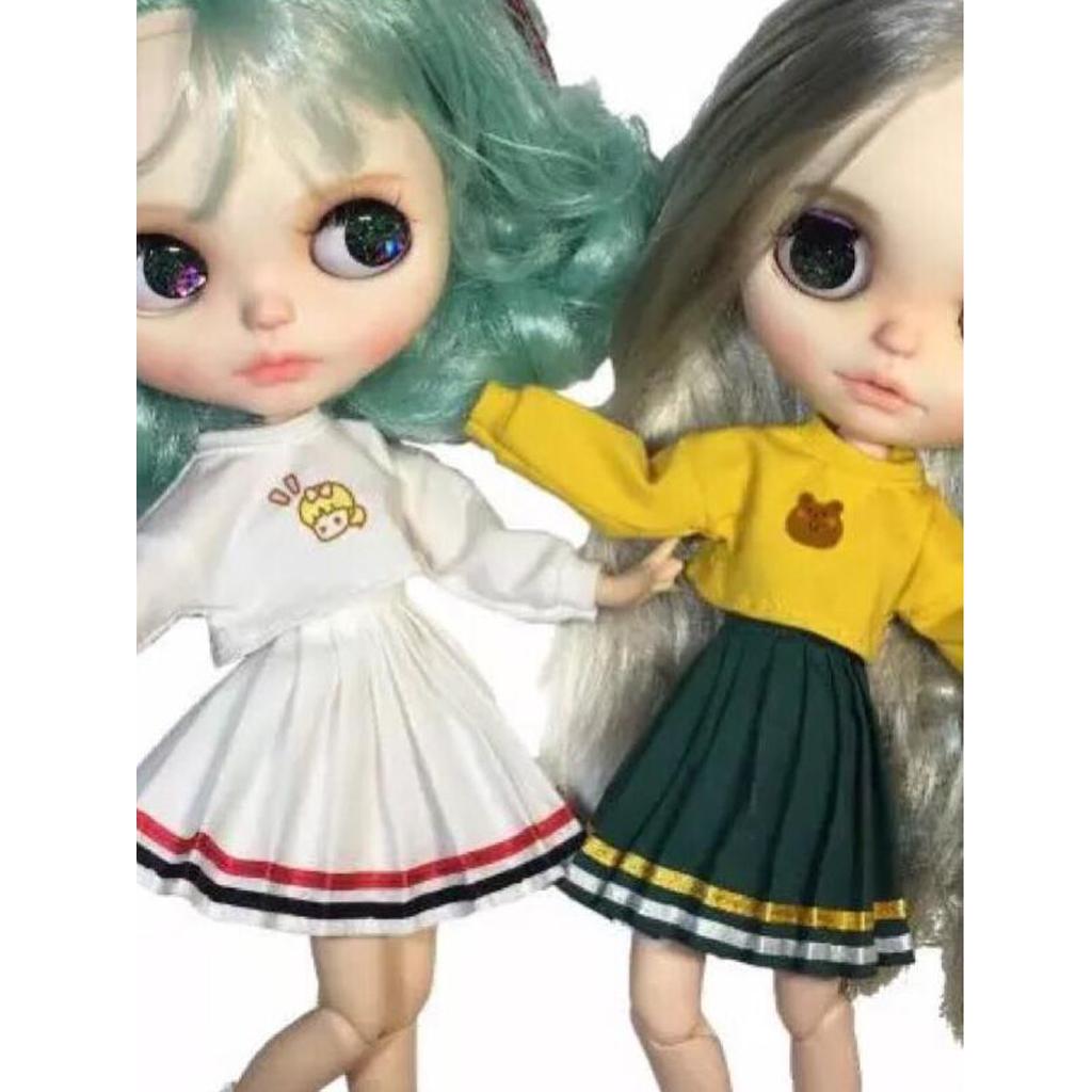 Classic Pleated Skirt Dress for 12inch Blythe Doll Party Casual Outfit green