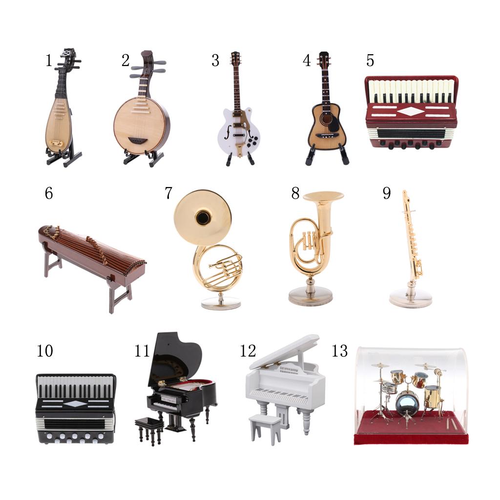 1/12 Dollhouse Miniature Musical Instrument Wooden Pipa Model with Stand