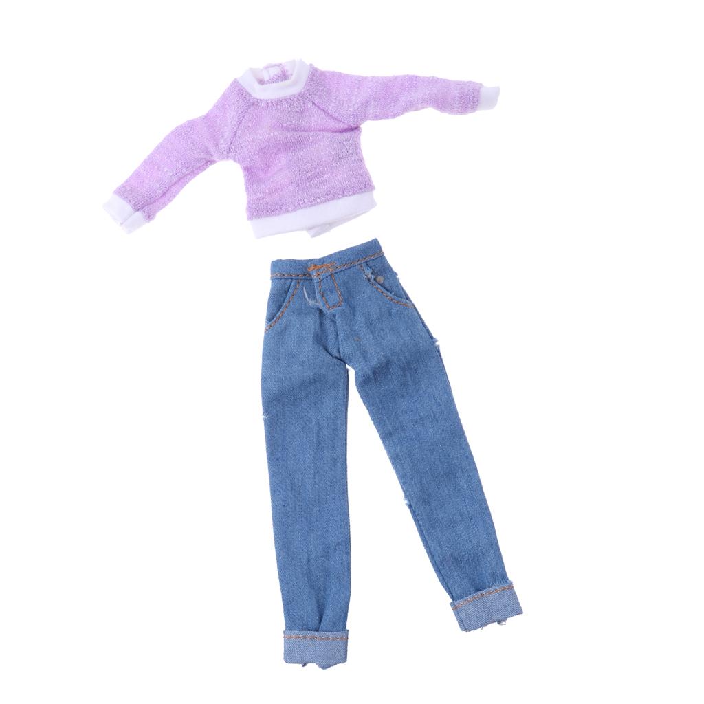 1/6 Long Sleeve Tee Denim Jeans Suit Clothes for Blythe Azone Licca Doll