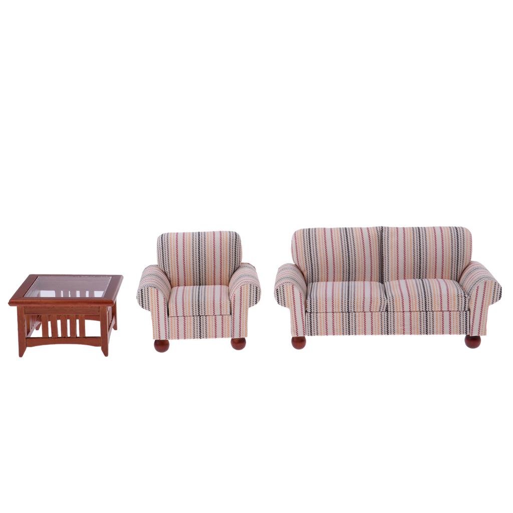1/12 Dollhouse Miniatures Living Room Furniture Sofa Table Set Pink Striped