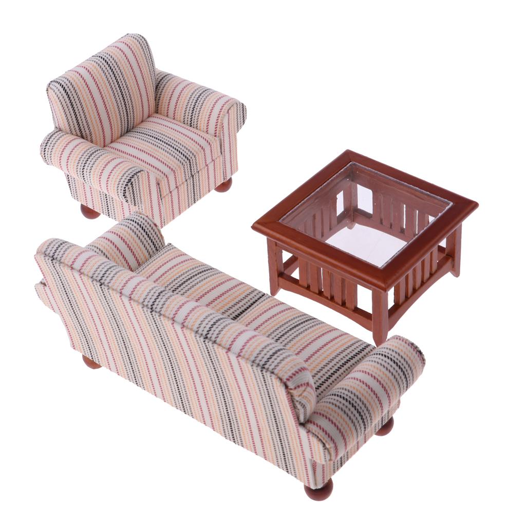 1/12 Dollhouse Miniatures Living Room Furniture Sofa Table Set Pink Striped