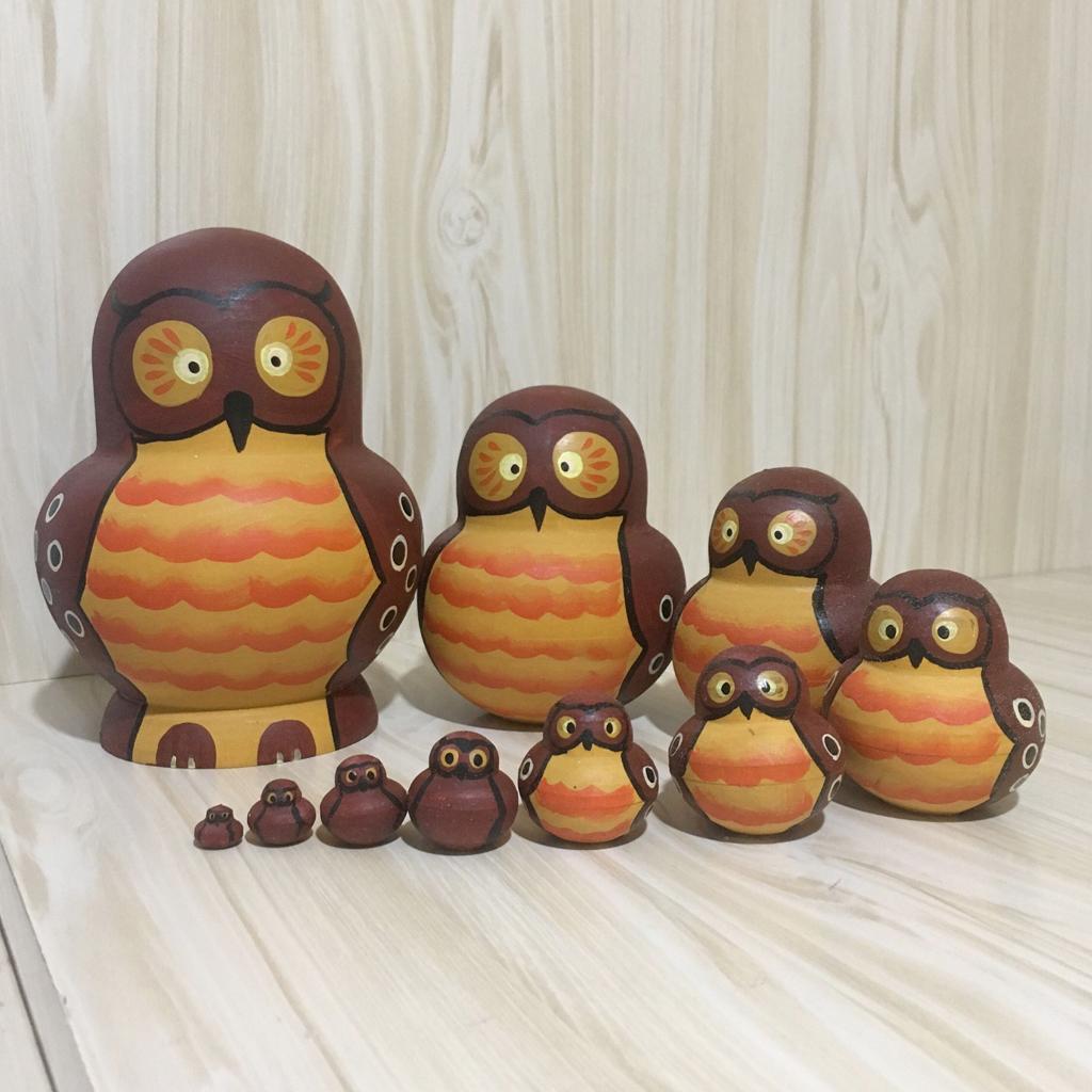 10 PCS Cute Cartoon Owl Pattern Handmade Wooden Russian Nesting Dolls