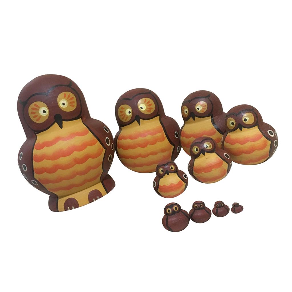 10 PCS Cute Cartoon Owl Pattern Handmade Wooden Russian Nesting Dolls