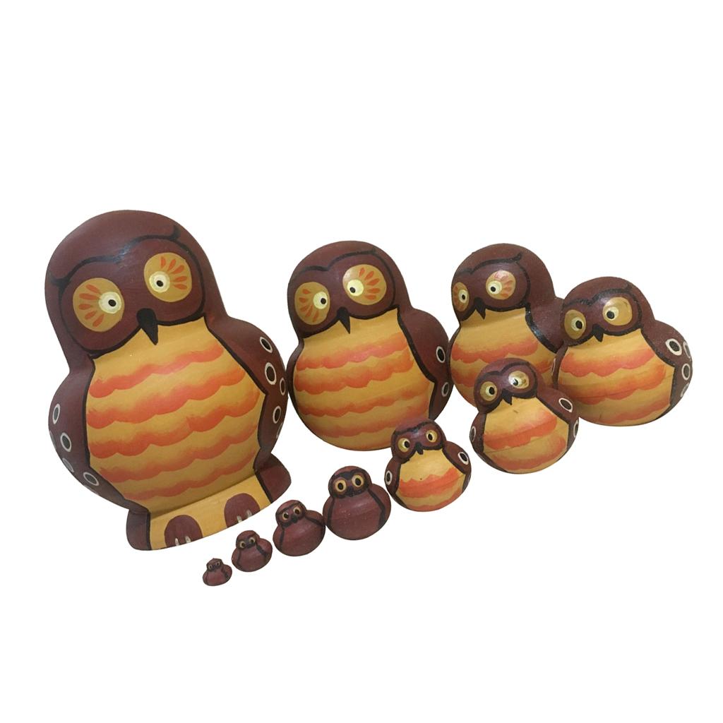 10 PCS Cute Cartoon Owl Pattern Handmade Wooden Russian Nesting Dolls