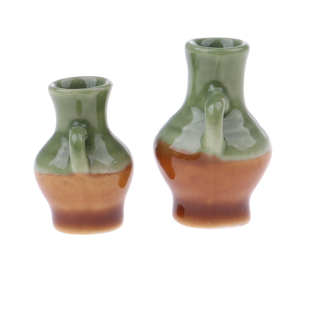 2 Pieces Green Glaze Vase for 1/12 Dollhouse Miniature Accessory Decoration