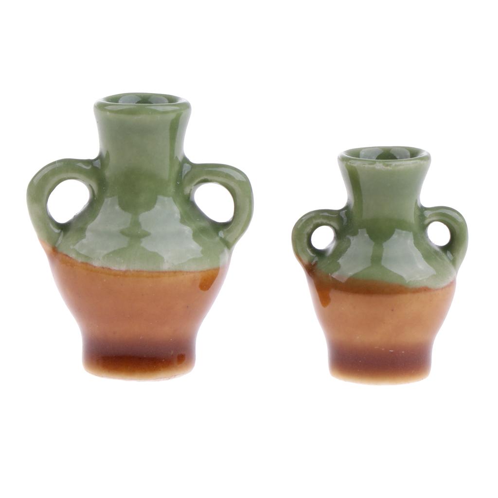 2 Pieces Green Glaze Vase for 1/12 Dollhouse Miniature Accessory Decoration
