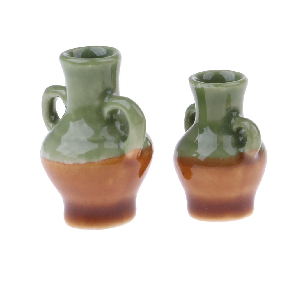 2 Pieces Green Glaze Vase for 1/12 Dollhouse Miniature Accessory Decoration