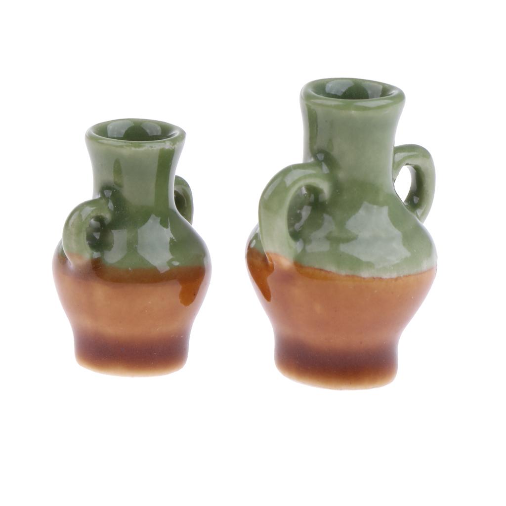 2 Pieces Green Glaze Vase for 1/12 Dollhouse Miniature Accessory Decoration