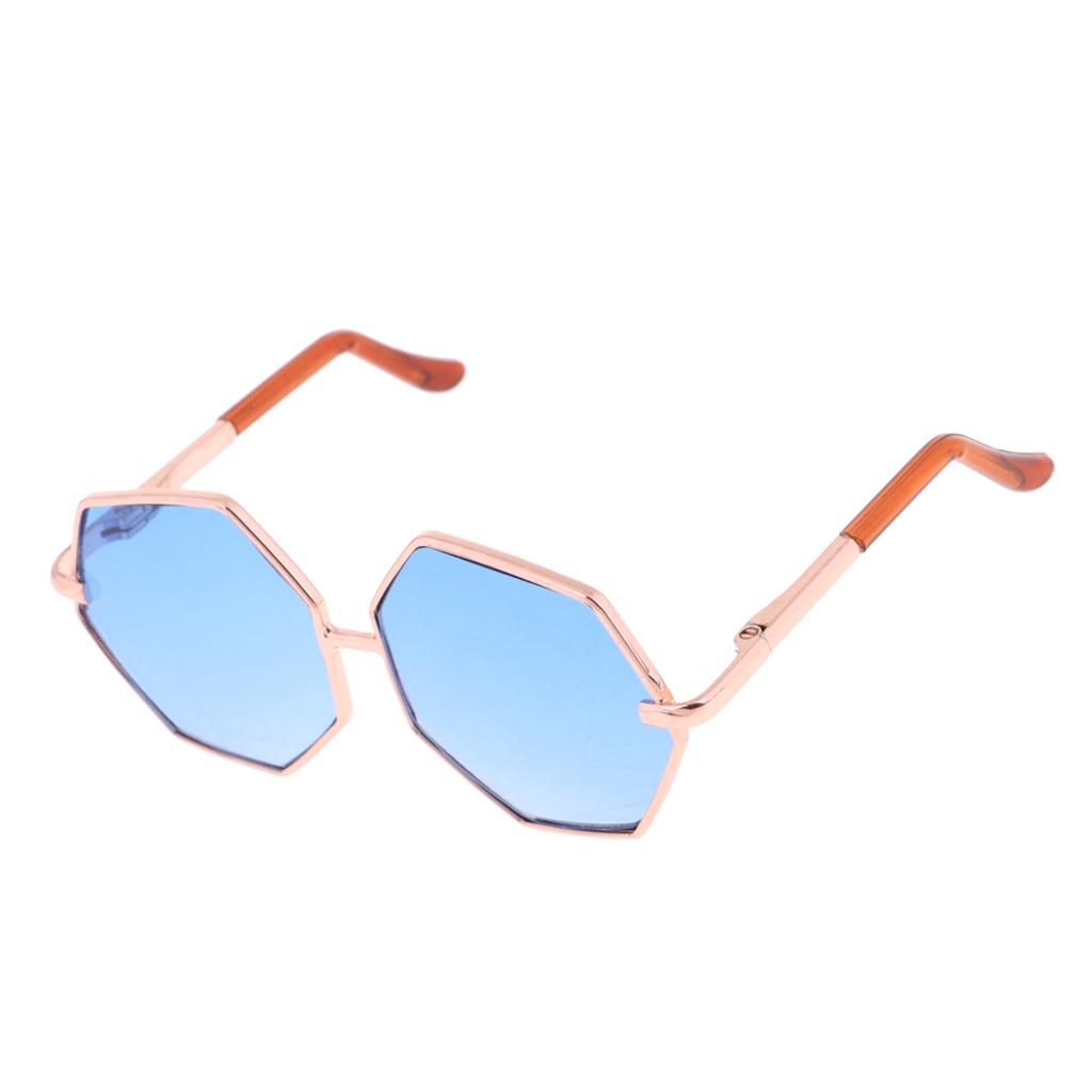 Golden Frame Hexagon Glasses Sunglasses for 1/6 Blythe Dolls Blue Shades