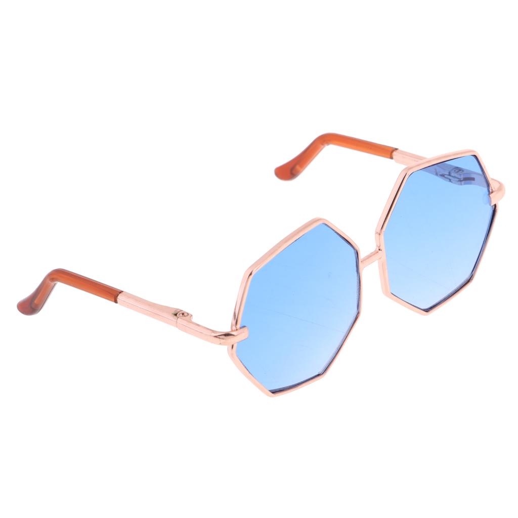 Golden Frame Hexagon Glasses Sunglasses for 1/6 Blythe Dolls Blue Shades