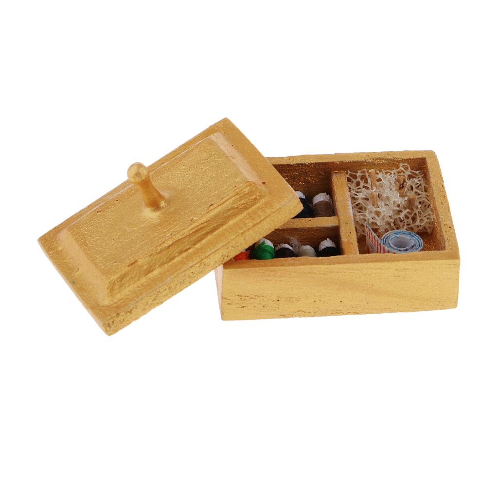 1/12 Sewing Box Set Knitting Threaded Spool Wooden Miniature Dollhouse Decor