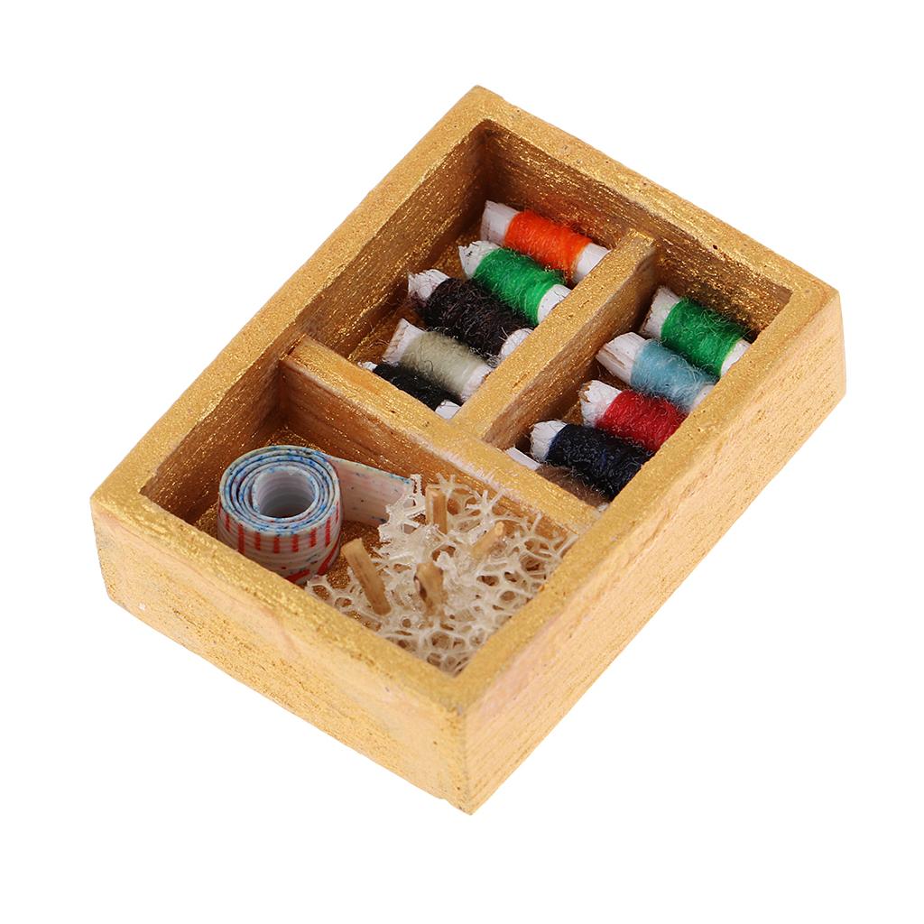 1/12 Sewing Box Set Knitting Threaded Spool Wooden Miniature Dollhouse Decor