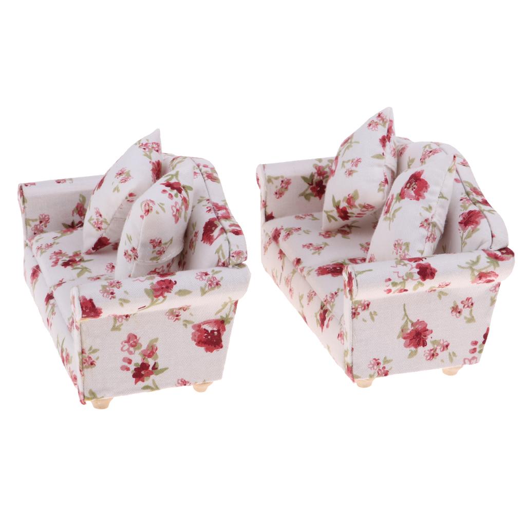 2 Set 1/12 Flower Double Sofa Cushions Couch Dollhouse Miniature Furniture