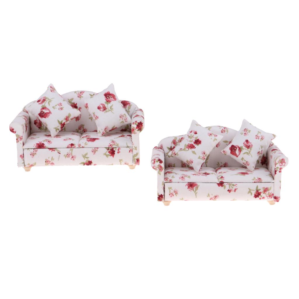 2 Set 1/12 Flower Double Sofa Cushions Couch Dollhouse Miniature Furniture