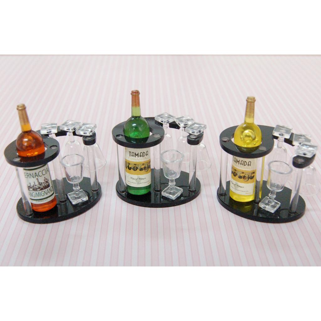1/12 Dollhouse Miniature Champagne Bottle Wine Rack Four Glass Cups Red