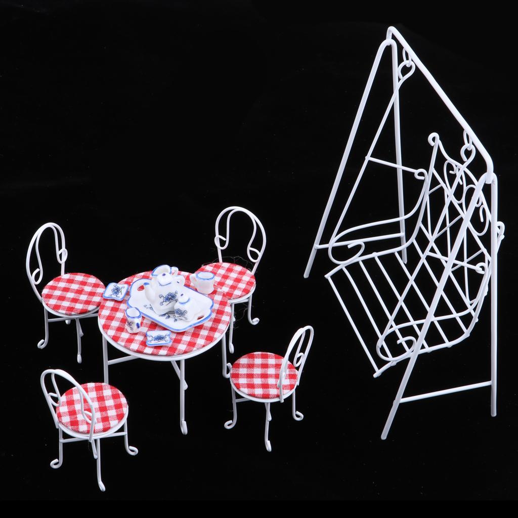 1/12 Dollhouse Miniature Garden Decor Table Chair Tea Set Swing Seat White