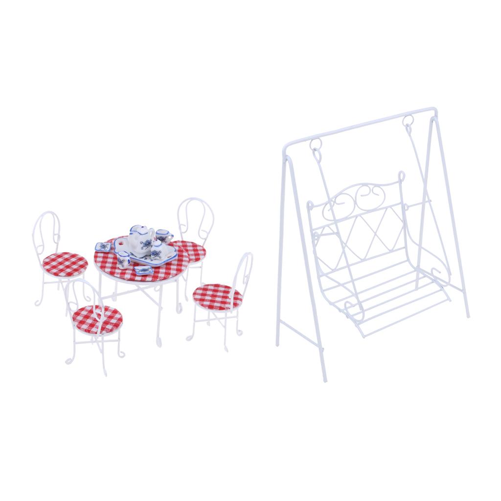 1/12 Dollhouse Miniature Garden Decor Table Chair Tea Set Swing Seat White