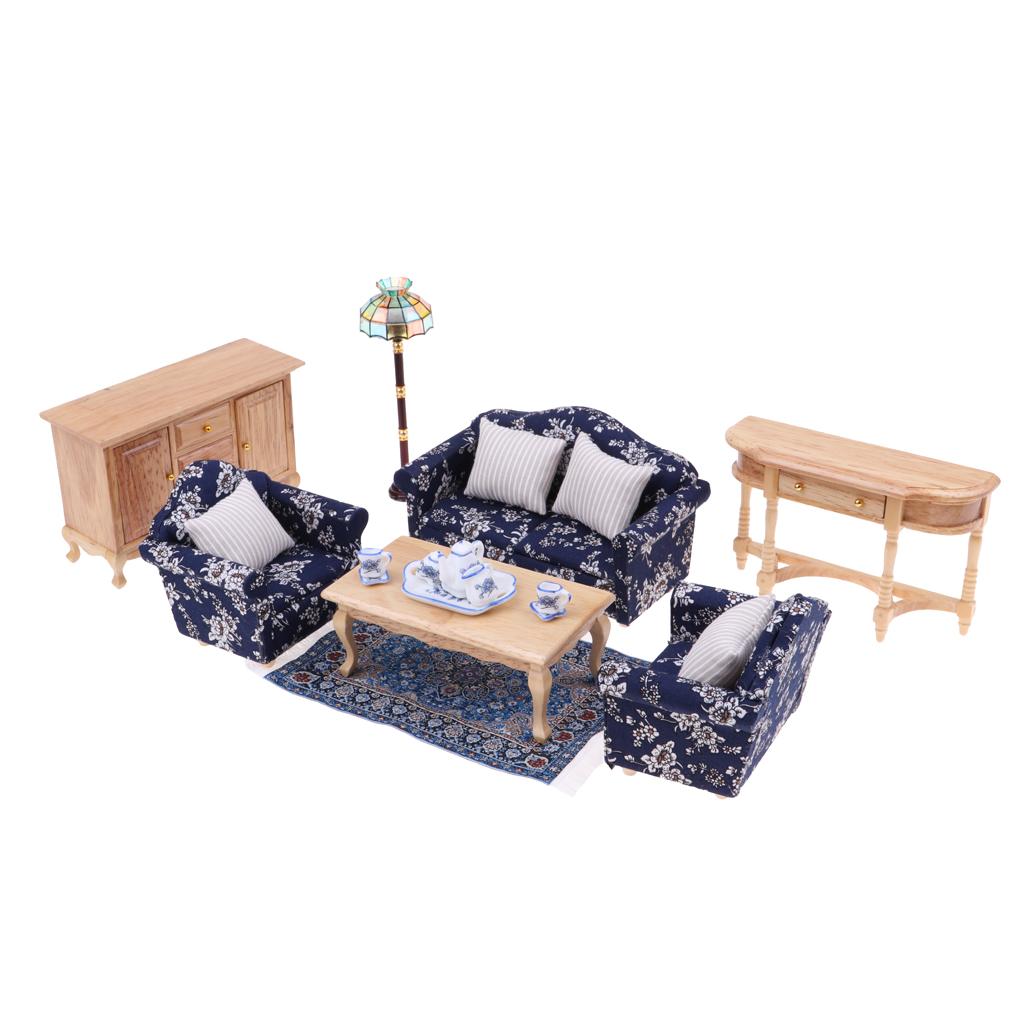 1/12 Dollhouse Miniature Furniture Sofa End Table Cabinet Floor Lamp Tea Set