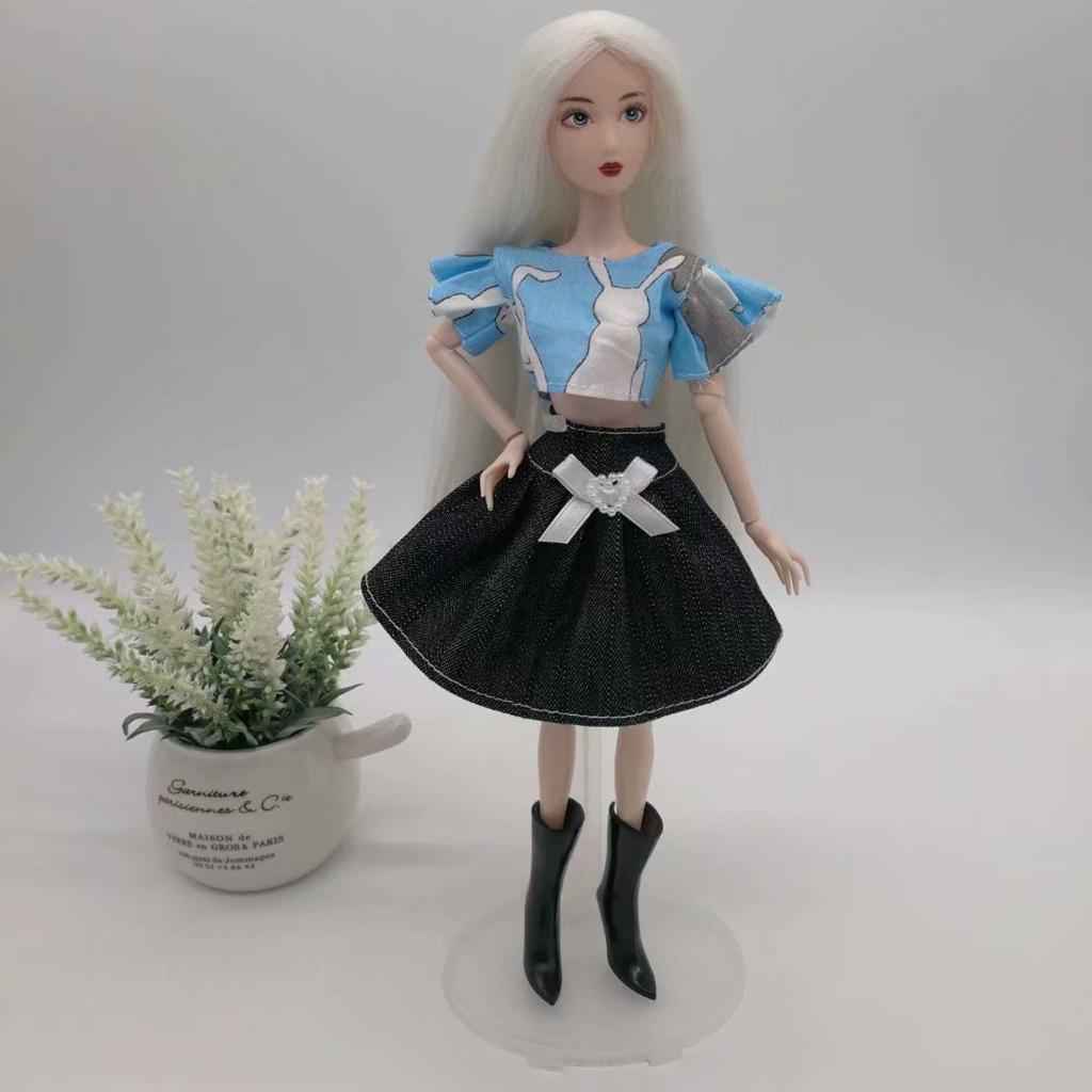 Doll Outfit Rabbit Tops & Denim Jean Dress Skirt for Barbie Doll Accs Blue