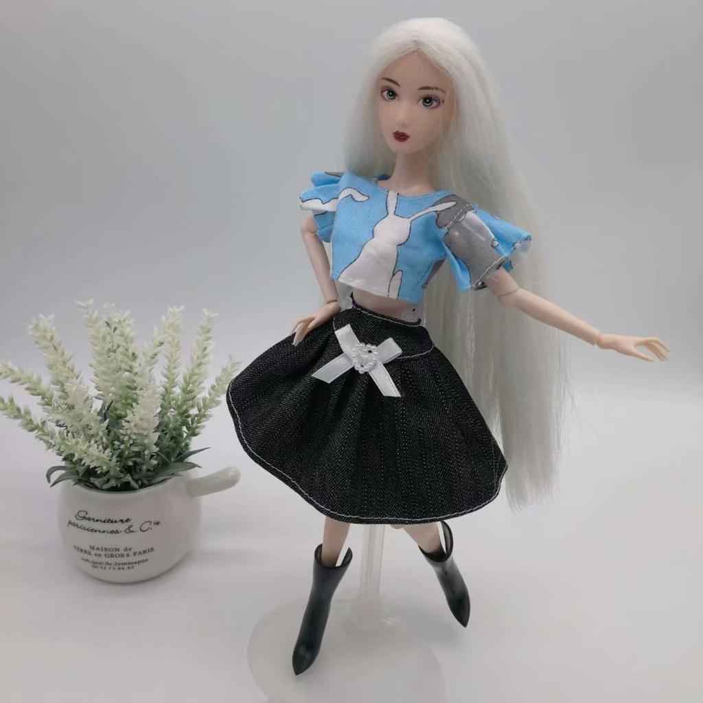 Doll Outfit Rabbit Tops & Denim Jean Dress Skirt for Barbie Doll Accs Blue