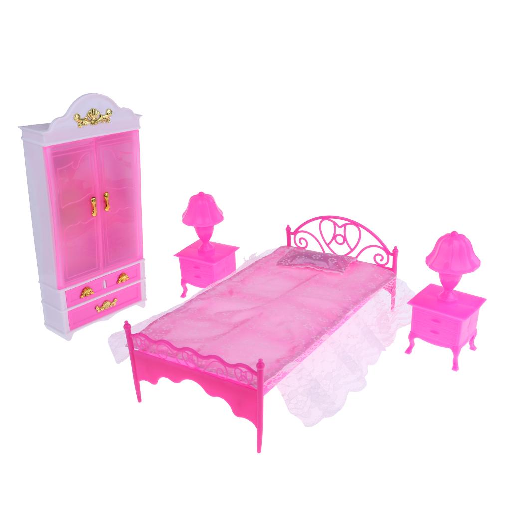 6Pcs Dollhouse Miniature Bedroom Furniture Bed Cabinet Wardrobe Table Lamp