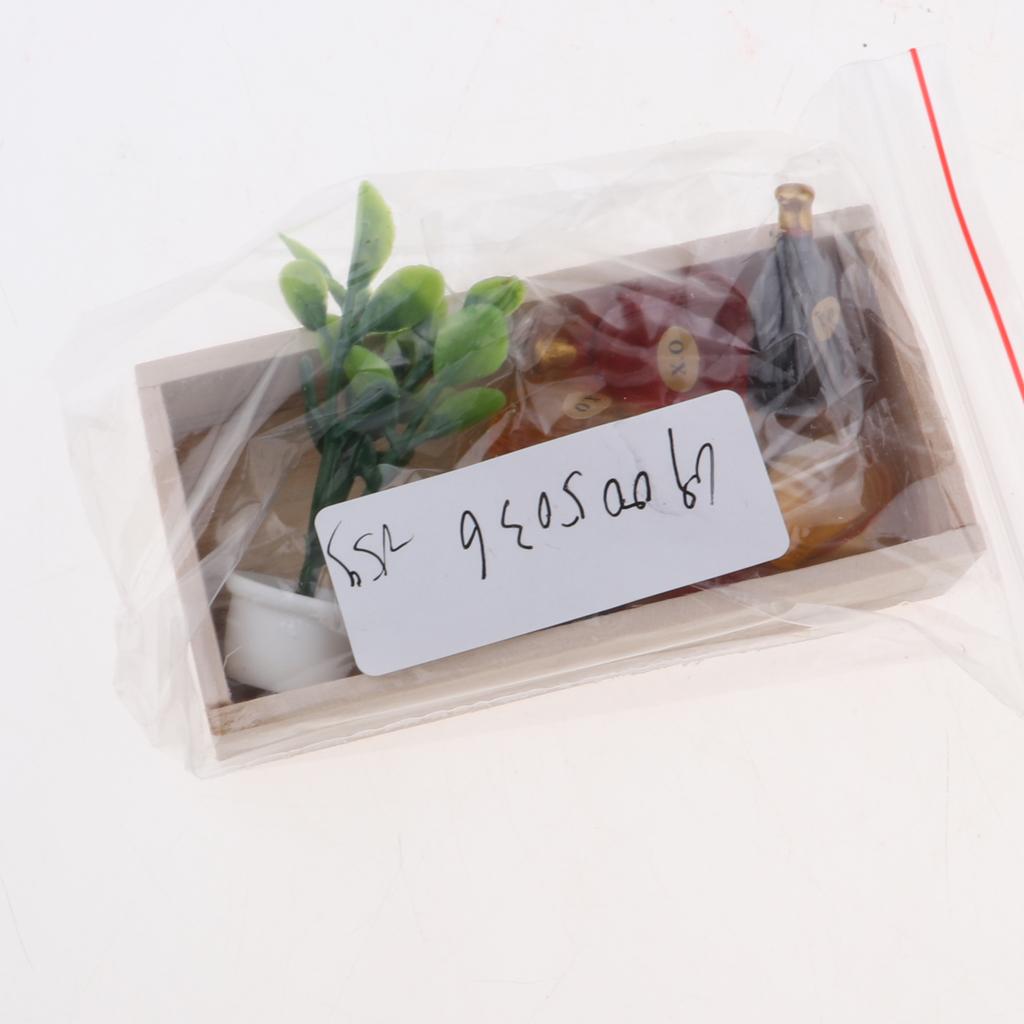 1/12 Dollhouse Mini Wooden Box Green Plant X.O Wine Bottle Scene Model Decor