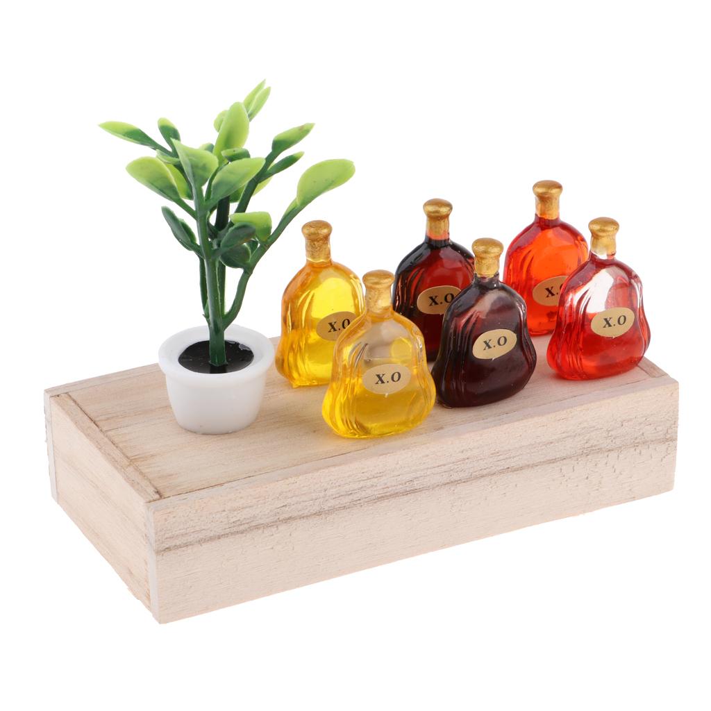 1/12 Dollhouse Mini Wooden Box Green Plant X.O Wine Bottle Scene Model Decor