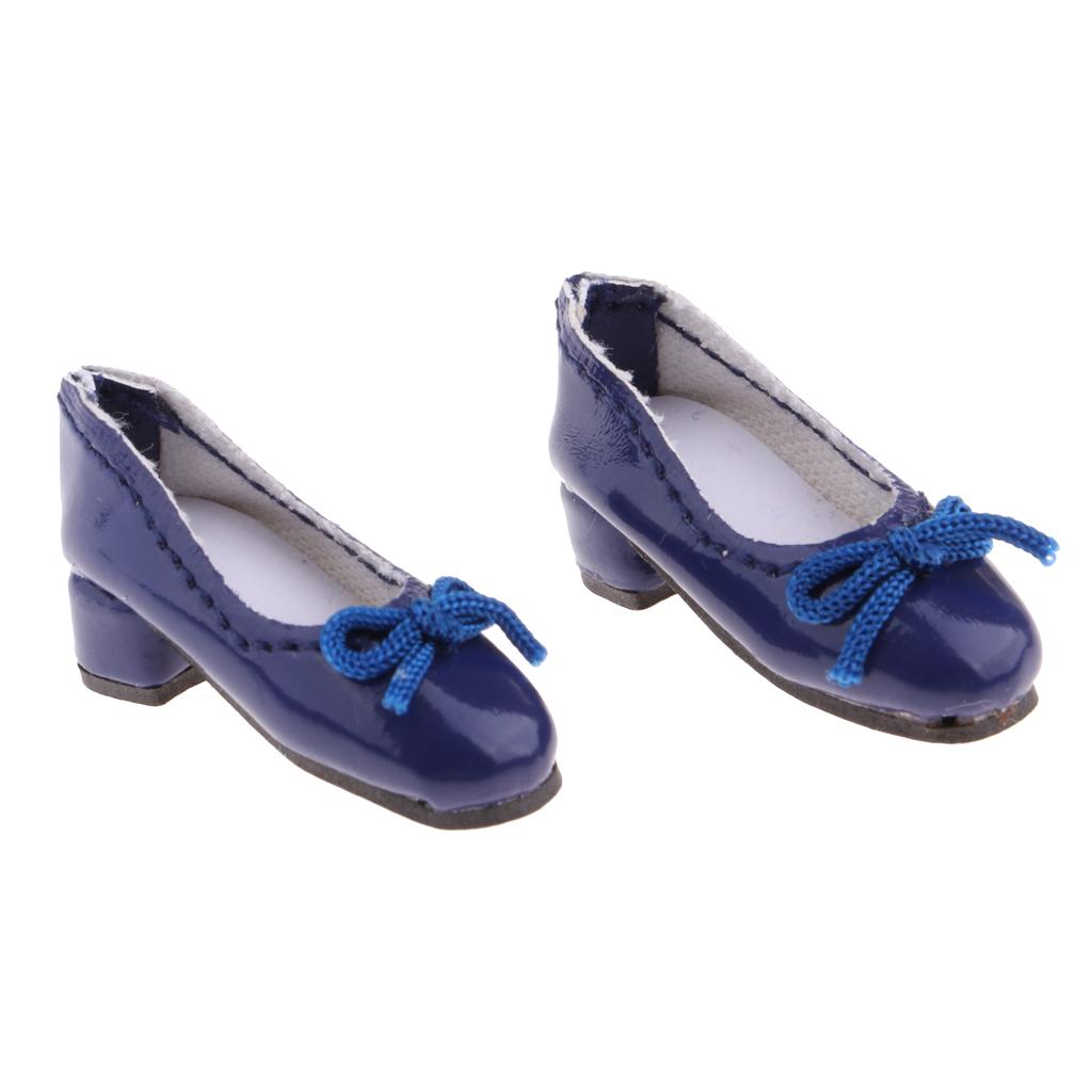 Fashion Doll PU Leather Block Heel Shoes for 1/6 Blythe Doll Accs Dark Blue