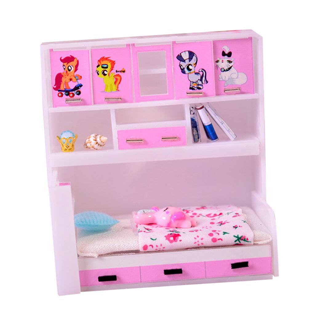 1/12 Dollhouse Miniature Furniture Bed with Cabinet Bedroom Accessory Pink