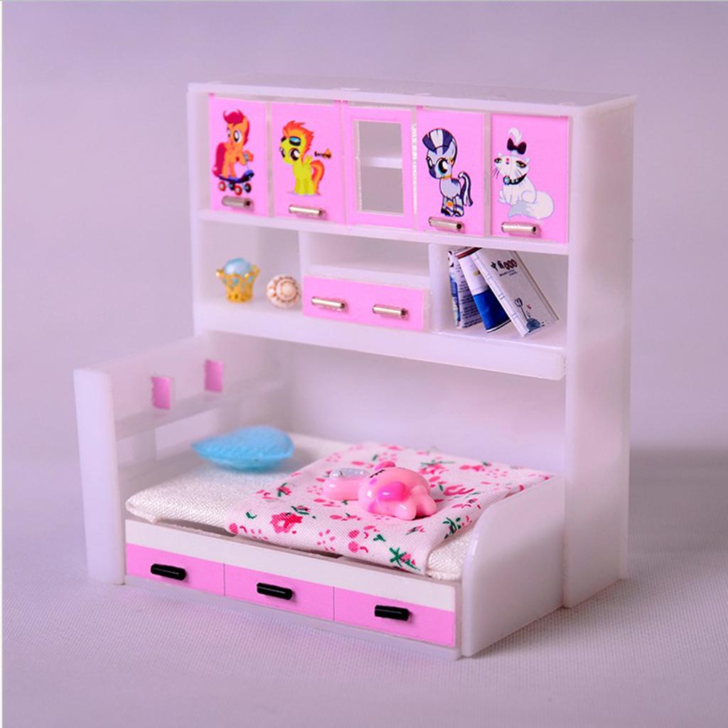 1/12 Dollhouse Miniature Furniture Bed with Cabinet Bedroom Accessory Pink