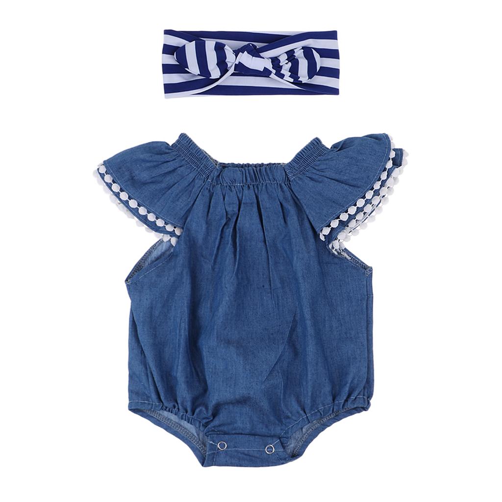 Denim Rompers Striped Headband For 22-23" Reborn Baby Girl Doll Clothes"