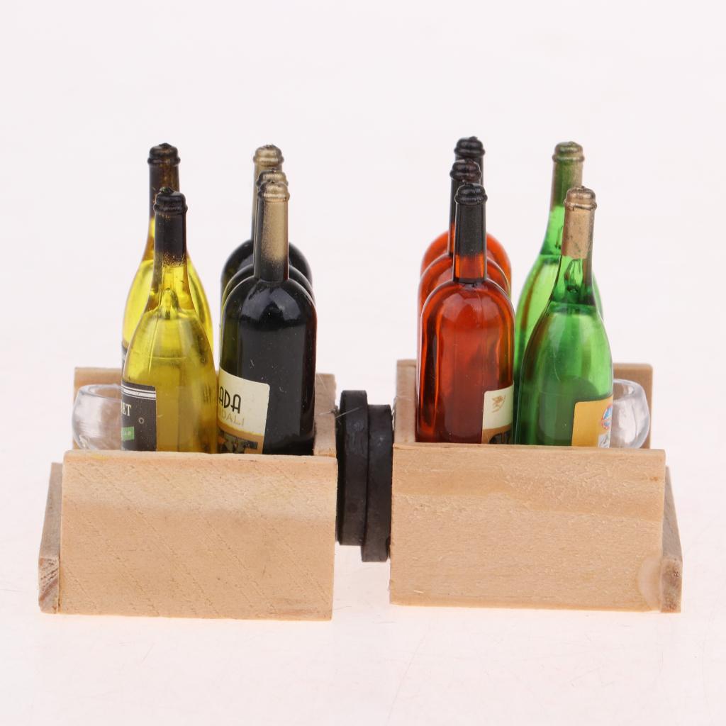 Miniature Wine Bottles Cup Set With Wood Rack 1:12 Dollhouse Accessory 2 Set