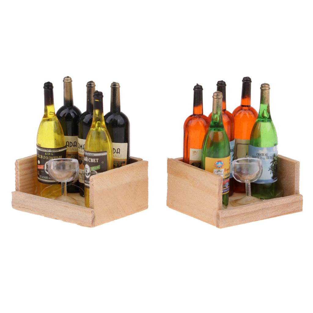 Miniature Wine Bottles Cup Set With Wood Rack 1:12 Dollhouse Accessory 2 Set