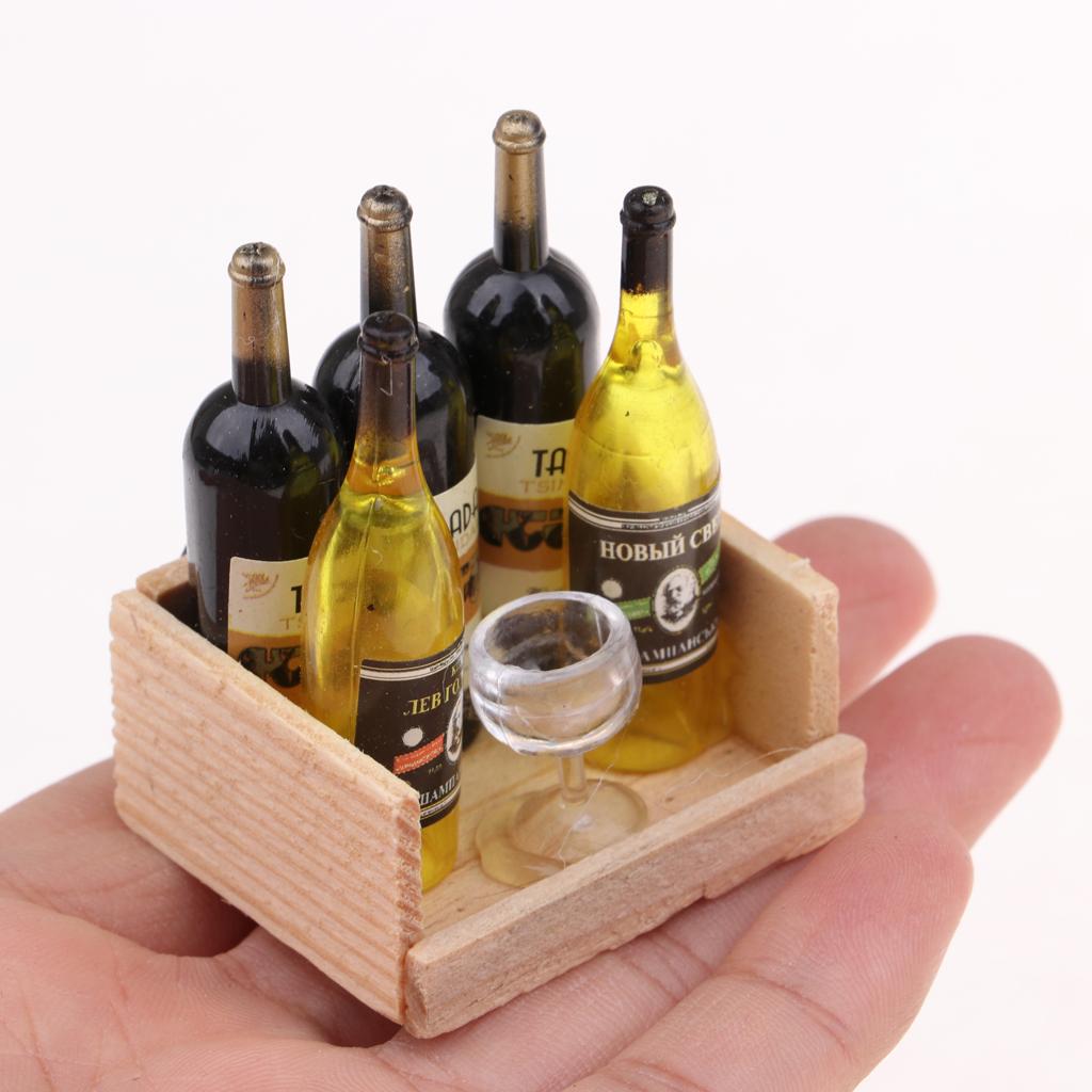 Miniature Wine Bottles Cup Set With Wood Rack 1:12 Dollhouse Accessory 2 Set