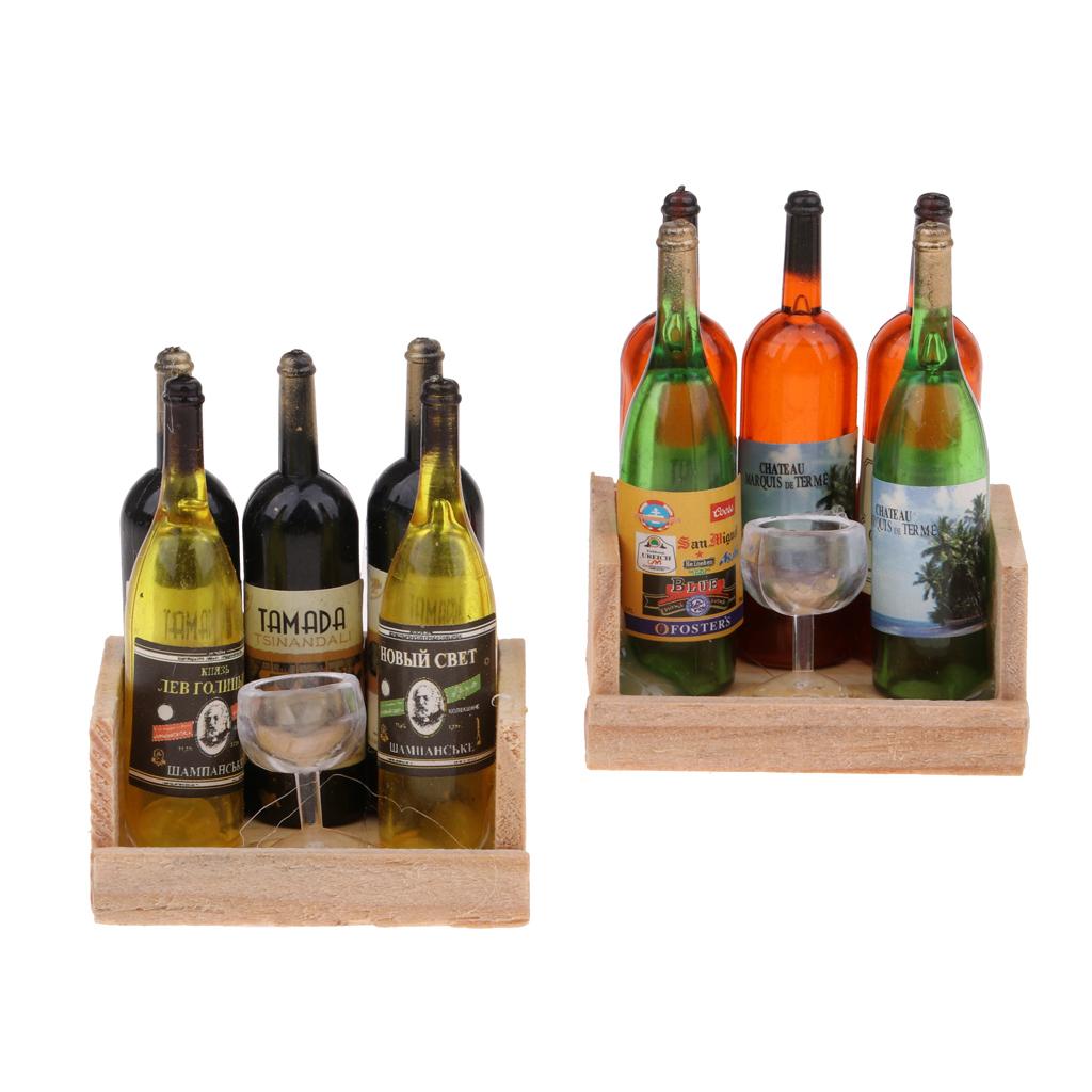 Miniature Wine Bottles Cup Set With Wood Rack 1:12 Dollhouse Accessory 2 Set