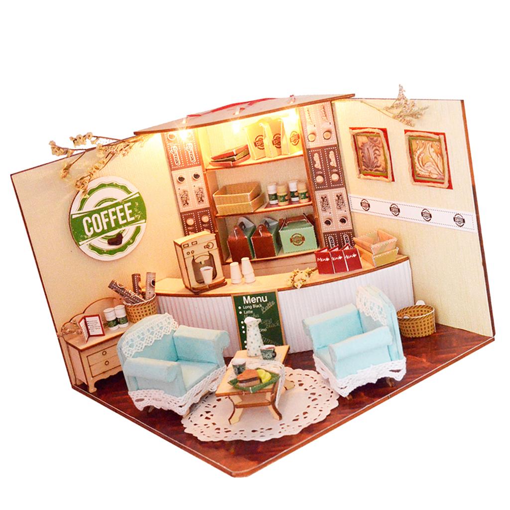 1/24 DIY Dollhouse Miniature Kit with Furniture, Light Coffee Shop Kids Gift