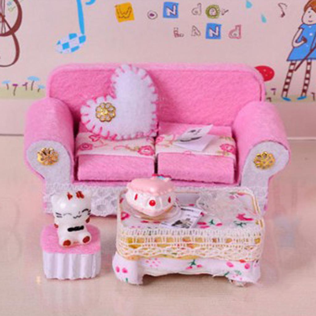 1:24 Miniature Sofa End Table Set Dollhouse Living Room Furniture Accs Pink