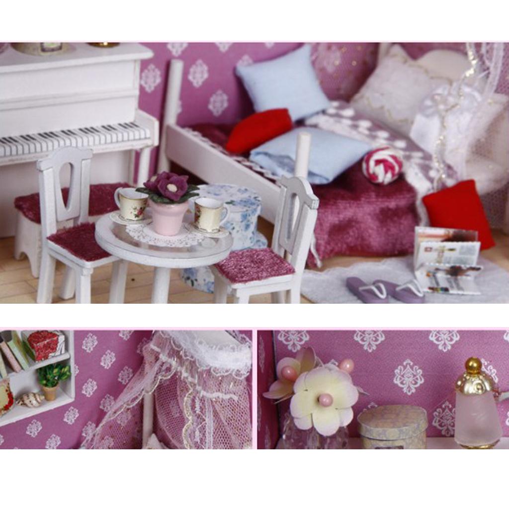DIY Dollhouse Miniature Kit with Furniture LED Light Queen Bedroom Kids Gift