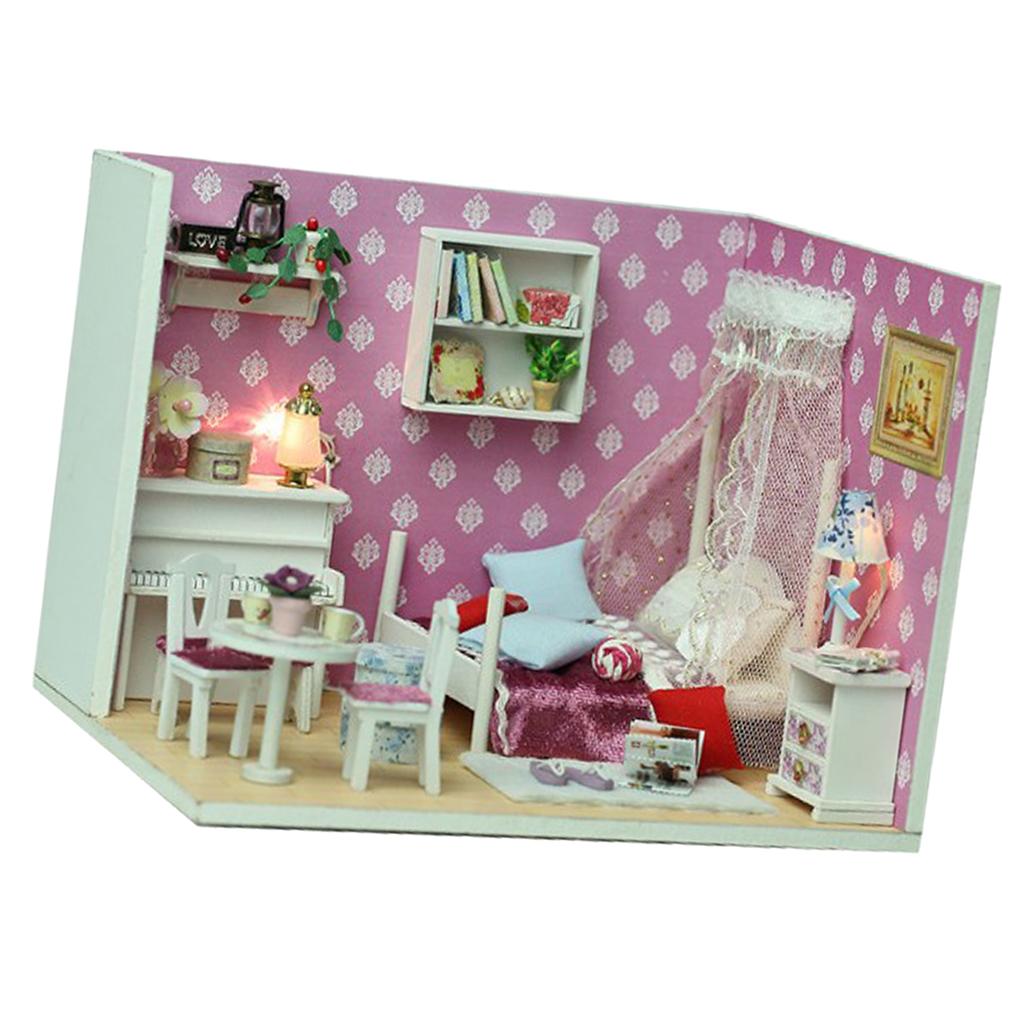 DIY Dollhouse Miniature Kit with Furniture LED Light Queen Bedroom Kids Gift