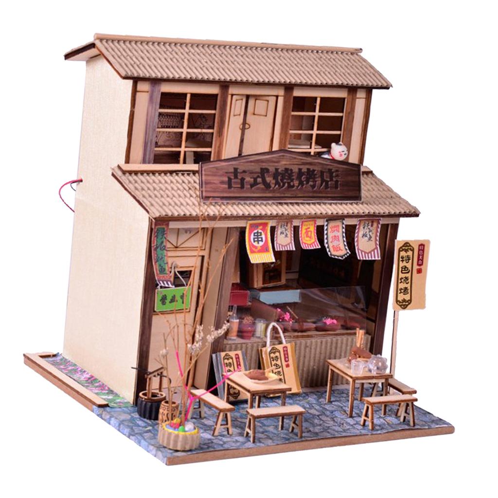 1/24 DIY Dollhouse Miniature Kit with Furniture, Light BBQ Restaurant Gift
