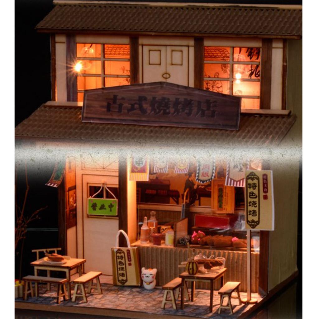 1/24 DIY Dollhouse Miniature Kit with Furniture, Light BBQ Restaurant Gift