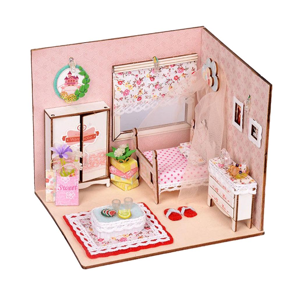 1:24 Scale Dollhouse Miniature Kit 3D Doll House Girl Bedroom With LED Light