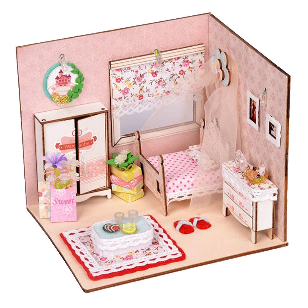 1:24 Scale Dollhouse Miniature Kit 3D Doll House Girl Bedroom With LED Light